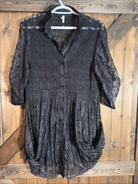 Women's Black Lace Button-Front Tunic with Gathered Skirt